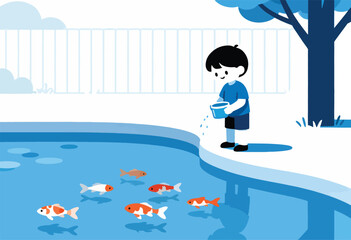 Child feeding fish in a pool