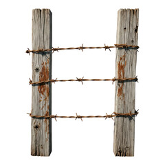 Weathered wooden fence post with rusty barbed wire on transparent background