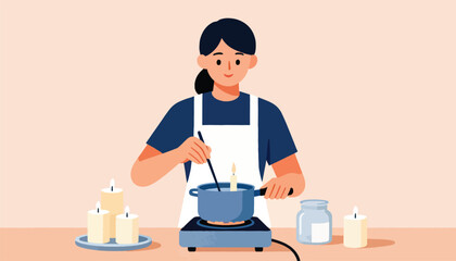 Person crafts candles, melting wax in pot on hot plate, surrounded by lit candles