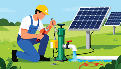 Worker repairs water pump near solar panels in a green landscape