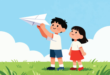 Children enjoy a summer day by flying a paper airplane in a grassy field