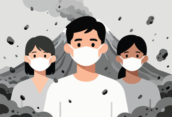 Three people wear masks against a backdrop of a smoking volcano and falling ash