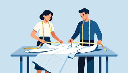 Two individuals with tape measures carefully work on a paper pattern