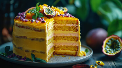 Close-up of an exotic mango passion fruit cake featuring tropical mousse and sponge layers, topped with a glossy mango glaze and fresh passion fruit seeds in bright natural daylight