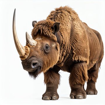 Unique woolly rhinoceros portrait against a stark white backdrop illustration