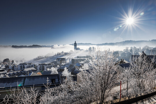 Speicher in Appenzell Ausserrhoden. Dezember mit leichtem Hauch von Nebel.