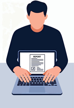 Person typing on laptop, displaying a document labeled "REPORT" with text and a checkmark