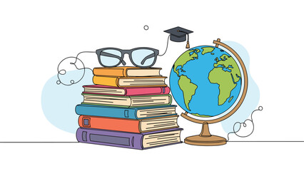 Stack of colorful hardcover books with reading glasses on top and a graduation cap floating nearby next to a desk globe in minimalist line art.