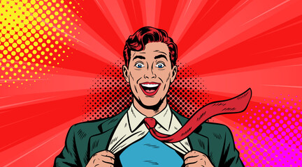 A male superhero rips off his shirt in pop art style. © дима селиванов