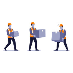 Three construction workers carrying boxes in a row.