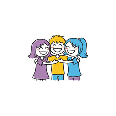 Three cheerful children hold hands in a circle.