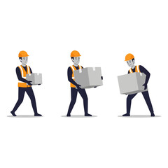 Three construction workers carrying concrete blocks.