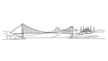 Fototapeta premium Continuous line drawing of the Istanbul skyline featuring the Bosphorus bridge and a historic mosque, capturing the essence of Turkey travel.