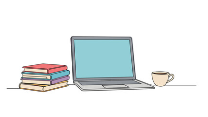 Workplace scene with a laptop computer, a stack of colorful books, and a cup of coffee on a desk, representing study and remote work.
