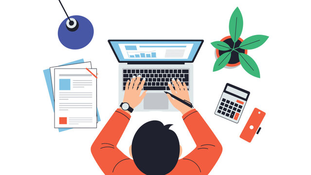 Top down view of a person working on a laptop at a organized desk with documents, a plant, a calculator, and office supplies in a flat design.