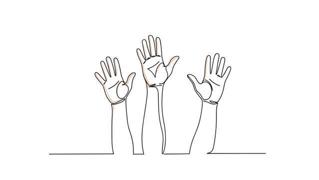 Simple continuous line drawing of three hands raised up, representing teamwork, volunteering, choice, or a group answering a question.