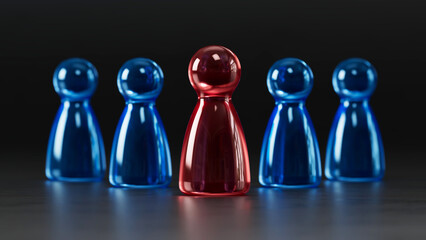 Standout Red Token: Contrast in a Group of Blue Game Pieces