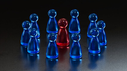 Standout Red Token: Contrast in a Group of Blue Game Pieces