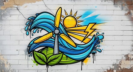 Dynamic illustration depicting renewable energy sources rendered as vibrant graffiti art on a weathered brick surface