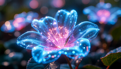 Macro close-up of translucent blue fiber optic flower with glowing pink center, futuristic bioluminescent nature concept.