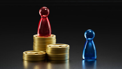 Red On Gold Coins: Beside Smaller Upright Blue Counterpart
