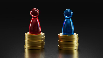 Balanced Game Pieces: Red and Blue On Identical Coin Stacks