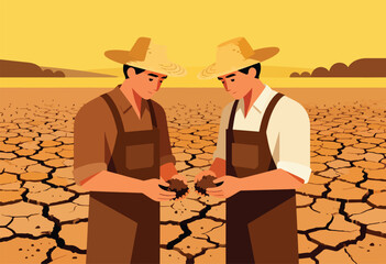 Two farmers examine dry soil in a parched landscape under a hazy yellow sky