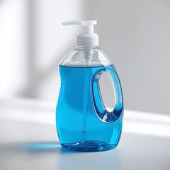A clear bottle with blue liquid hand soap and a white pump dispenser