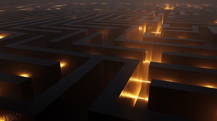 Complex maze with glowing paths and dark walls, mysterious and challenging environment, 3d rendered illustration