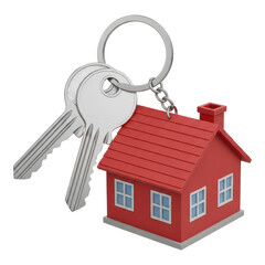 Red house keychain with silver keys on a transparent background symbolizing home ownership