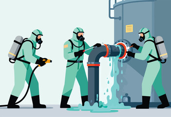 Workers in hazmat suits repair a leaking pipe, with water gushing out