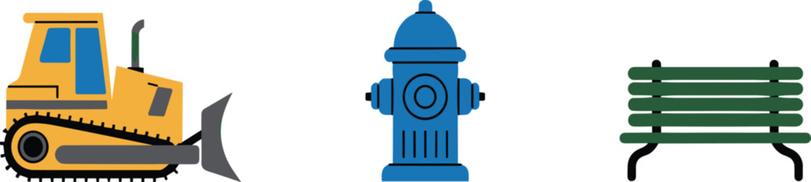 Minimal flat city icons set with bulldozer, fire hydrant and park bench, urban infrastructure and construction elements vector illustration