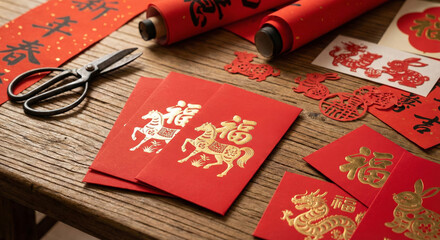 Chinese New Year Red Envelopes and Paper Cut Decorations on Wooden Table
