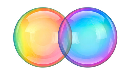 Two iridescent translucent spheres overlap, blending vibrant hues against black