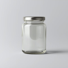 Clear empty glass jar with a silver metal lid isolated on a studio light gray background