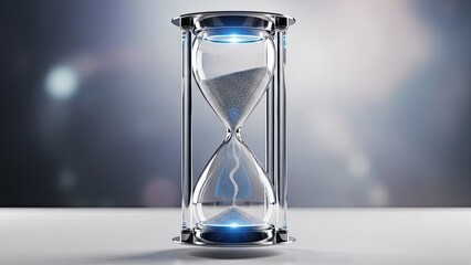 An hourglass resting in sand against a blue background symbolizing time passing and deadlines