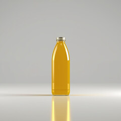 A single glass bottle filled with vibrant orange juice on a reflective surface