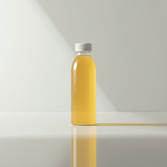 A minimalist product mockup of a plastic bottle filled with yellow liquid on a reflective surface
