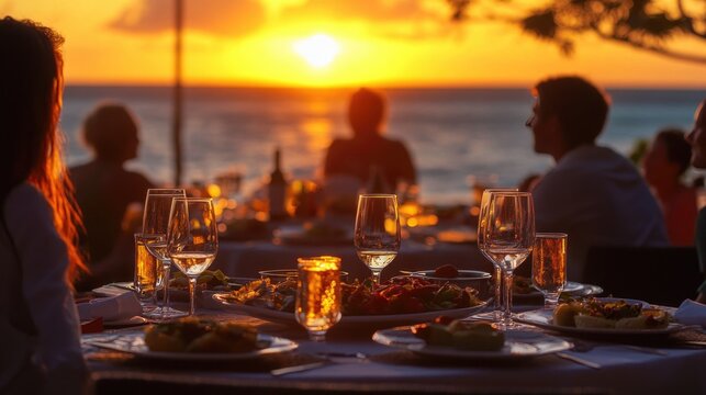 Gathering around a beautifully set table with wine glasses and an array of delicious dishes during a sunset dinner