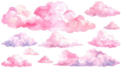 Watercolor-style depiction of fluffy, pink and lavender clouds against a dark backdrop