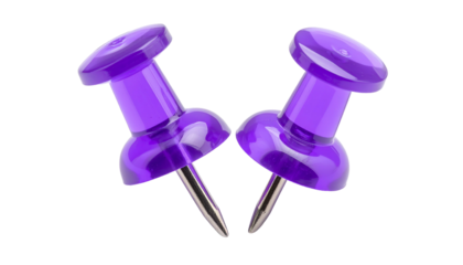 Two shiny purple pushpins with metal needles stand against a stark black background