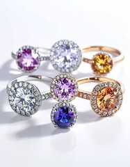 Six gemstone rings with halo settings and various colors