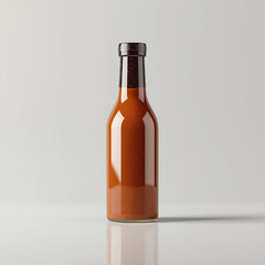 A single glass bottle containing spicy hot sauce with a dark cap against a clean background