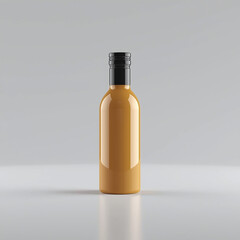 Minimalist product shot of a beverage bottle containing orange liquid with a black cap.