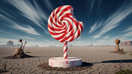 Colorful red and white striped peppermint candy cane sticks and spiral lollipop sweets swirl against a blue holiday sky and sandy beach background as a fun Christmas dessert object