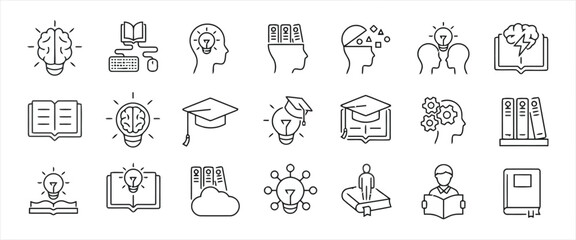 Knowledge and education line art icon set for study materials