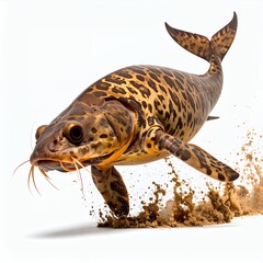 Obraz premium Whimsical Spotted Fish Creature Leaping on a White Background with sandy splatter