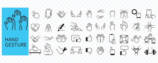 Hand Gesture and Interaction Icons Set &ndash; Touch, Click, Like, Communication Line Symbols