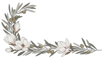 Minimal luxury botanical corner border featuring magnolia and olive branches in neutral earth tones isolated on white background