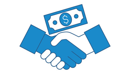 Handshake with dollar bill in minimalist blue illustration on white background for business finance